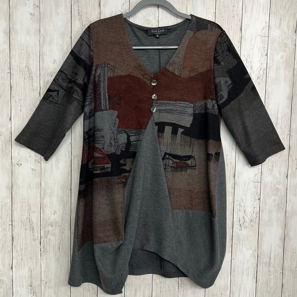 Red Coral Contrast Water Scene Print Half Sleeve Oversized Flowy Blouse Shirt - Picture 1 of 9